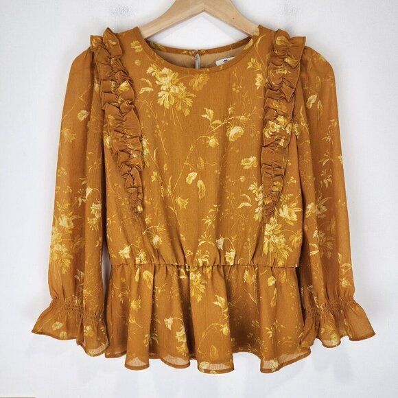 Madewell Peplum Ruffle Front Blouse XS Umber Floral Long Sleeve Cottagecore Boho - Picture 2 of 9